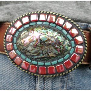 *OOAK*!!! Custom Belt Buckle! Abalone & Iridescent Glass *NEW*